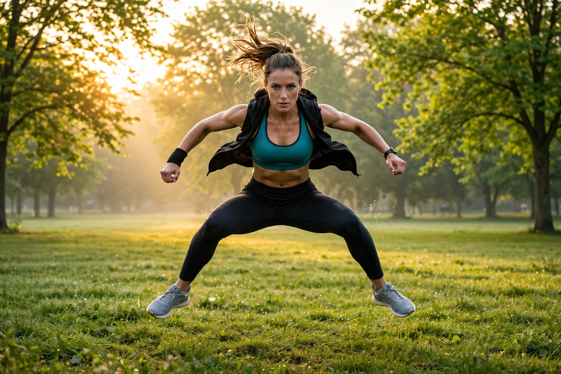 An athletic woman doing a jump squat mid-air in a park at sunrise — high-intensity interval training outdoors