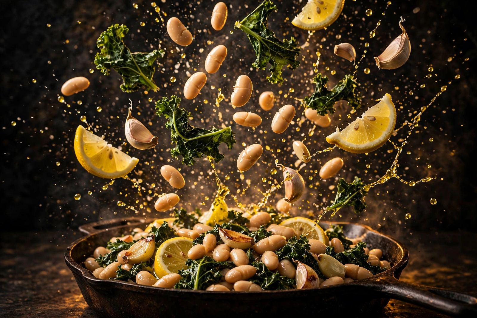 Explosive-action shot: white cannellini beans, wilted kale leaves, whole garlic cloves, lemon wedges, and golden olive-oil droplets flying mid-air above a dark cast-iron skillet of the finished garlic bean and kale dish — dark moody background with golden