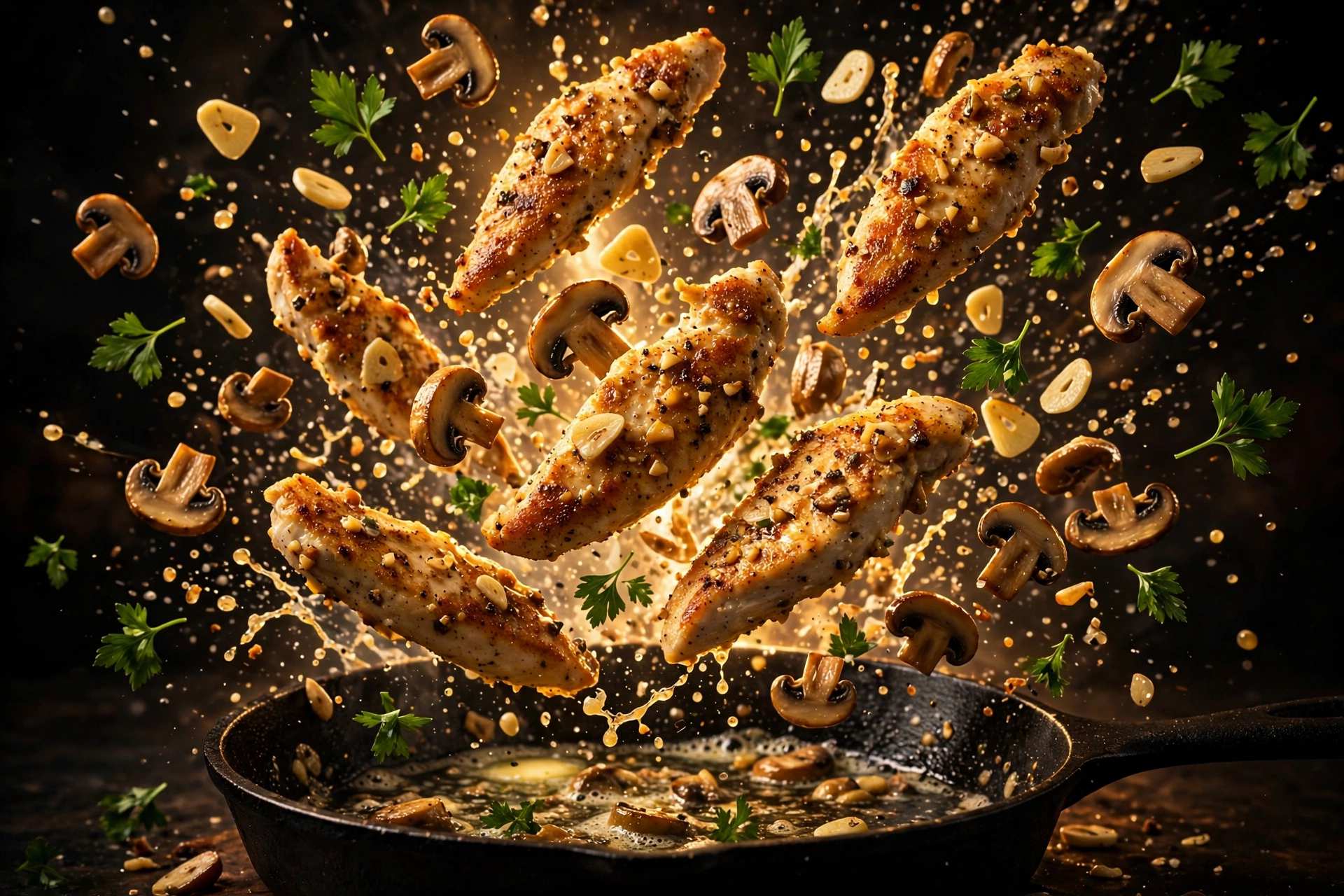 Hähnchen in Knoblauchbutter mit Champignons aus der Pfanne