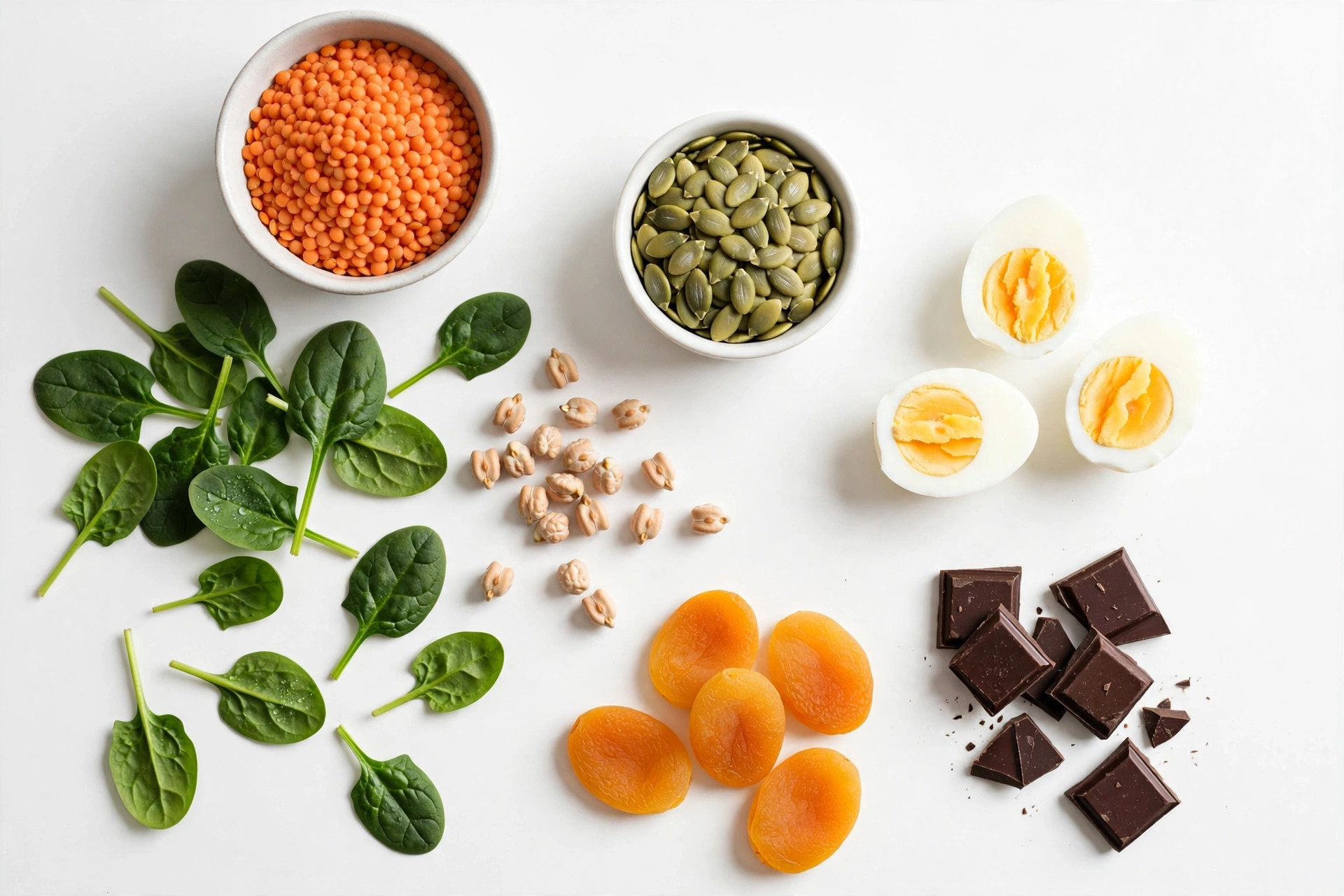 Flat-lay of iron-rich foods including lentils, spinach, red meat, eggs, pumpkin seeds and dark chocolate on a white background