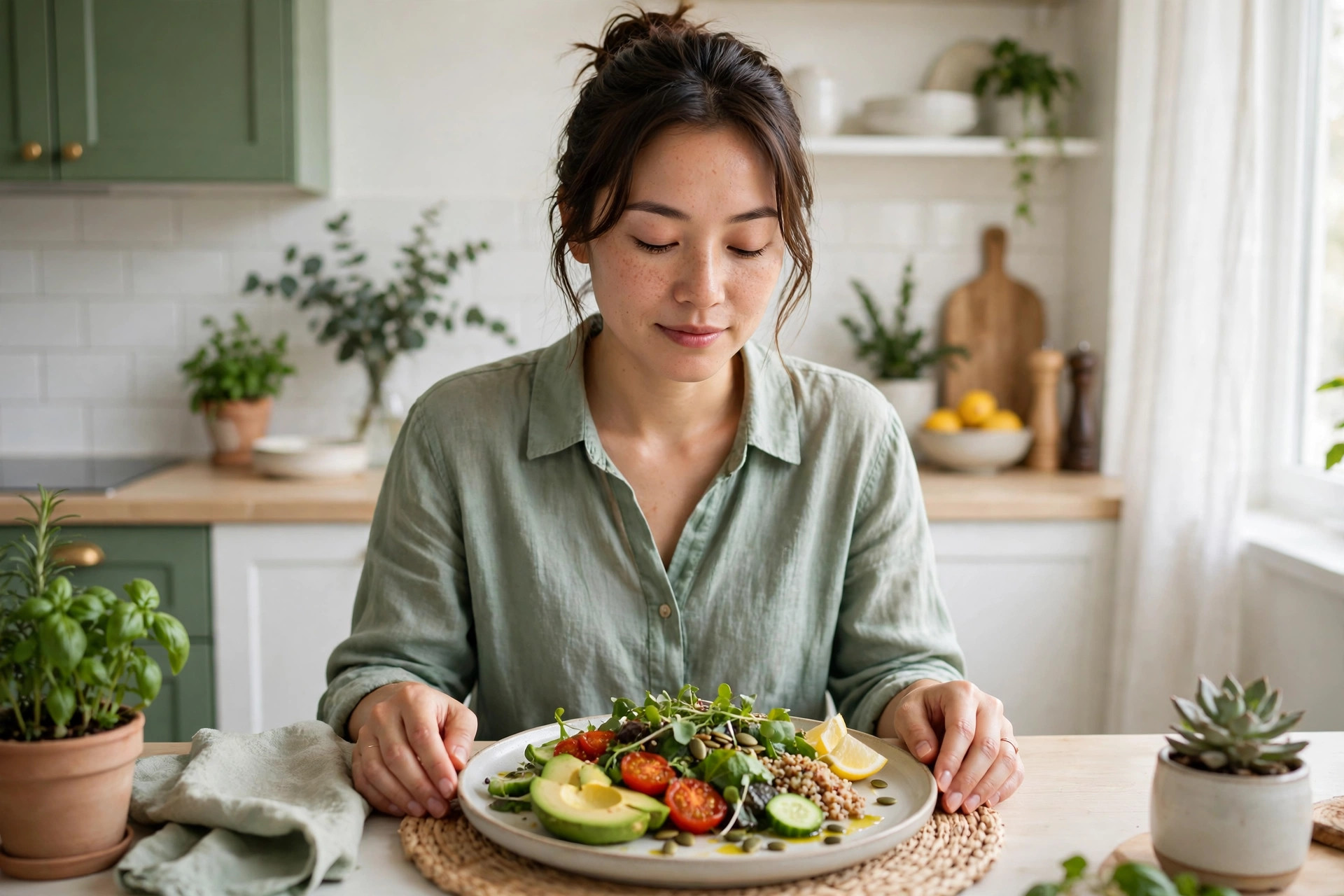 Person pausing before eating, hands resting, calm kitchen setting