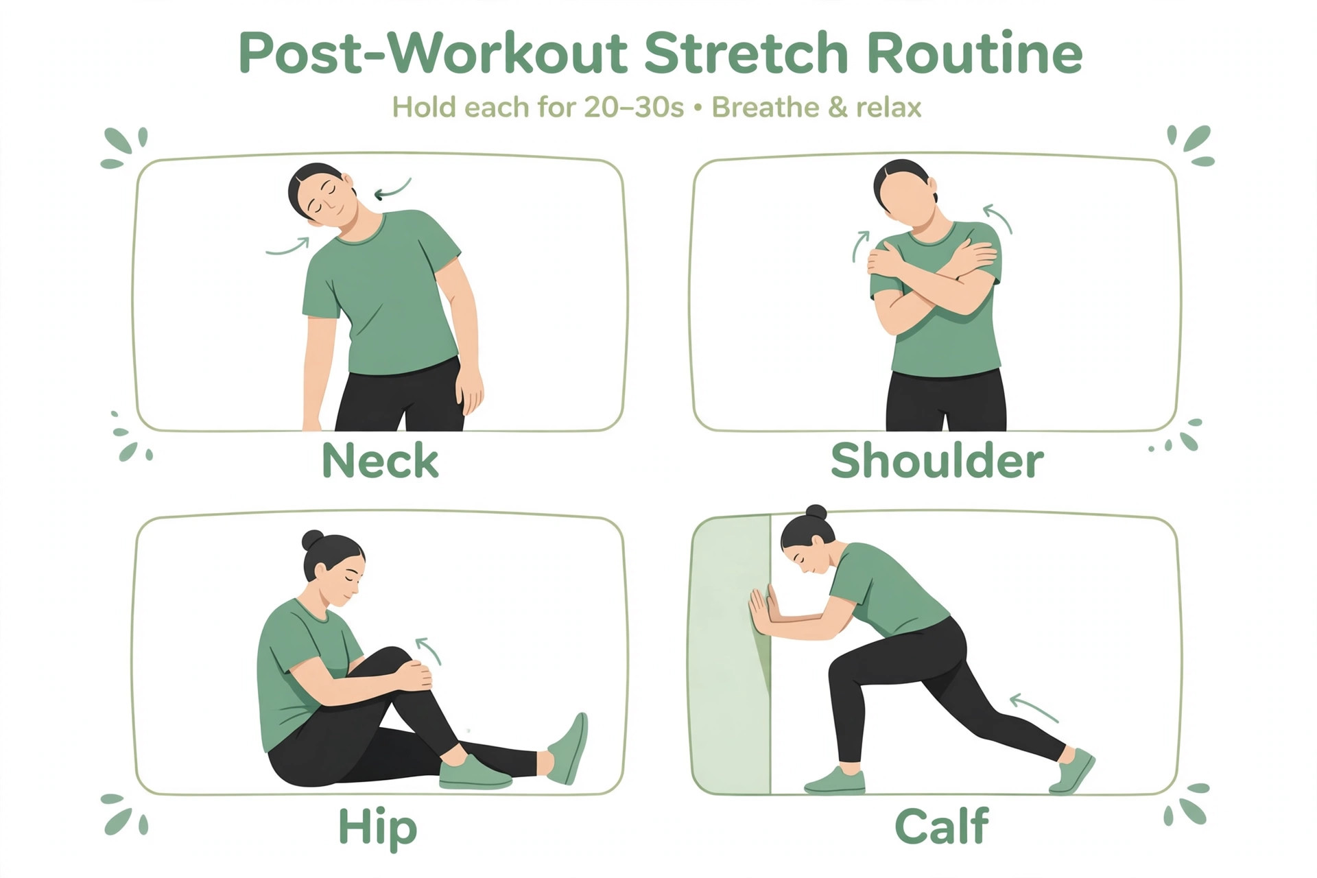 Séquence illustrée de postures d'étirement douces après l'effort, sur fond blanc épuré