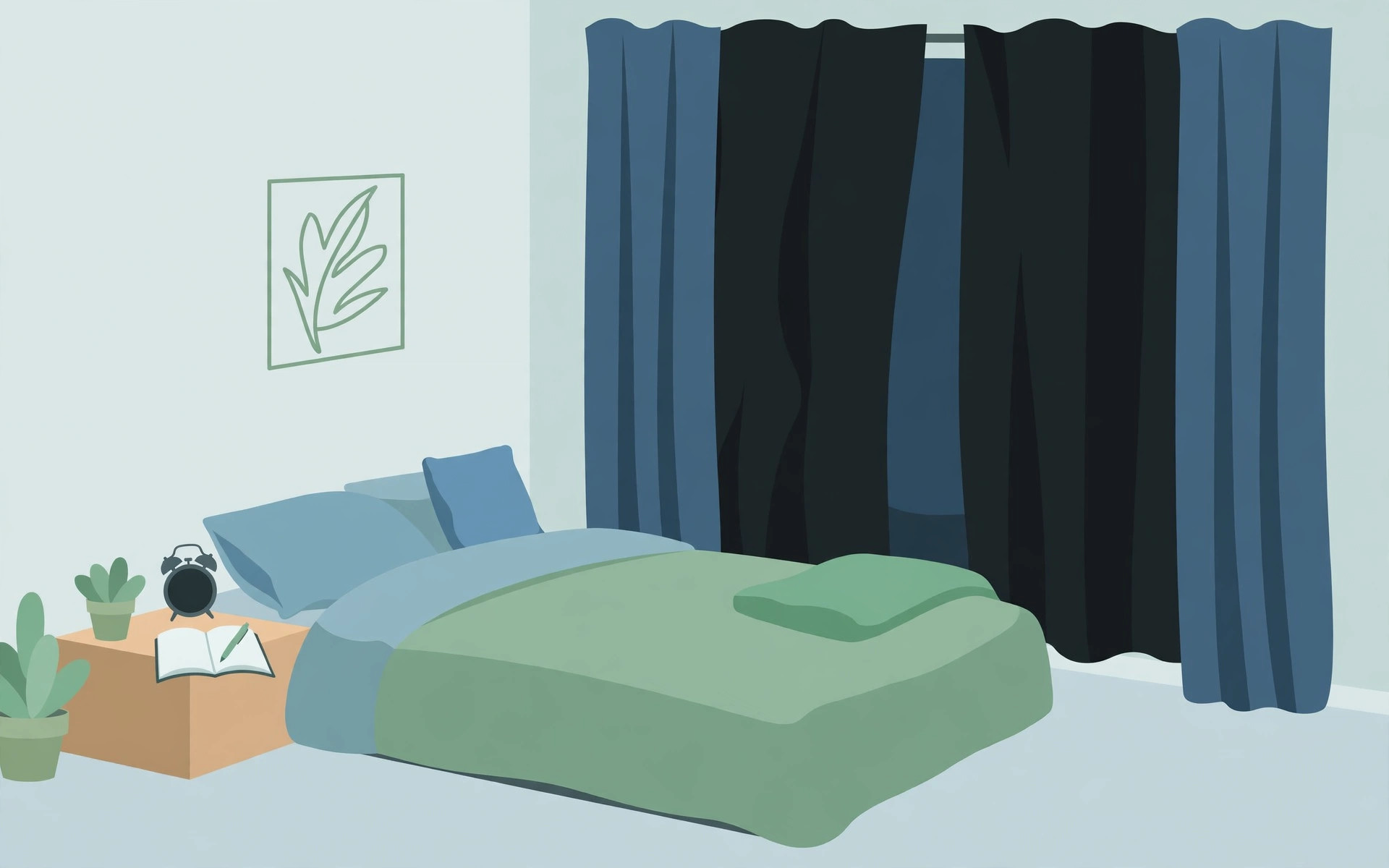 An ideal sleep-friendly bedroom with blackout curtains, an alarm clock and an open worry journal with a pen on the nightstand — bright minimal wellness illustration.