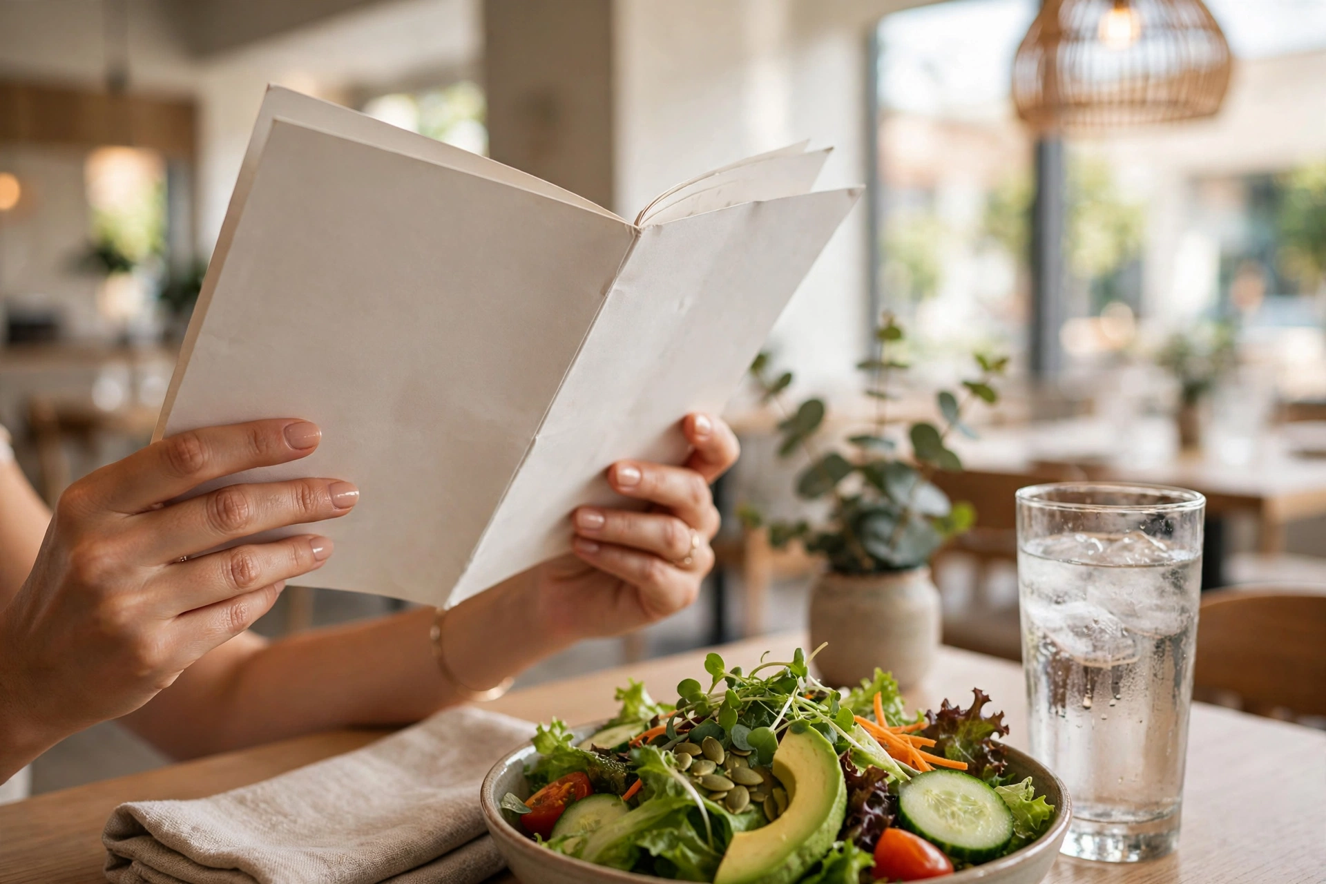 Une femme lisant un menu de restaurant avec une salade verte fraîche et un verre d'eau sur la table — planifier des choix sains avant de commander