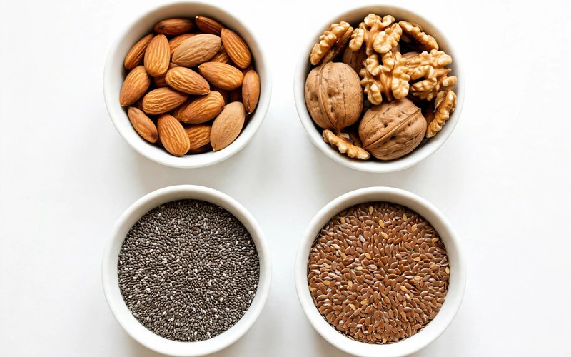 Assorted nuts and seeds in small white bowls