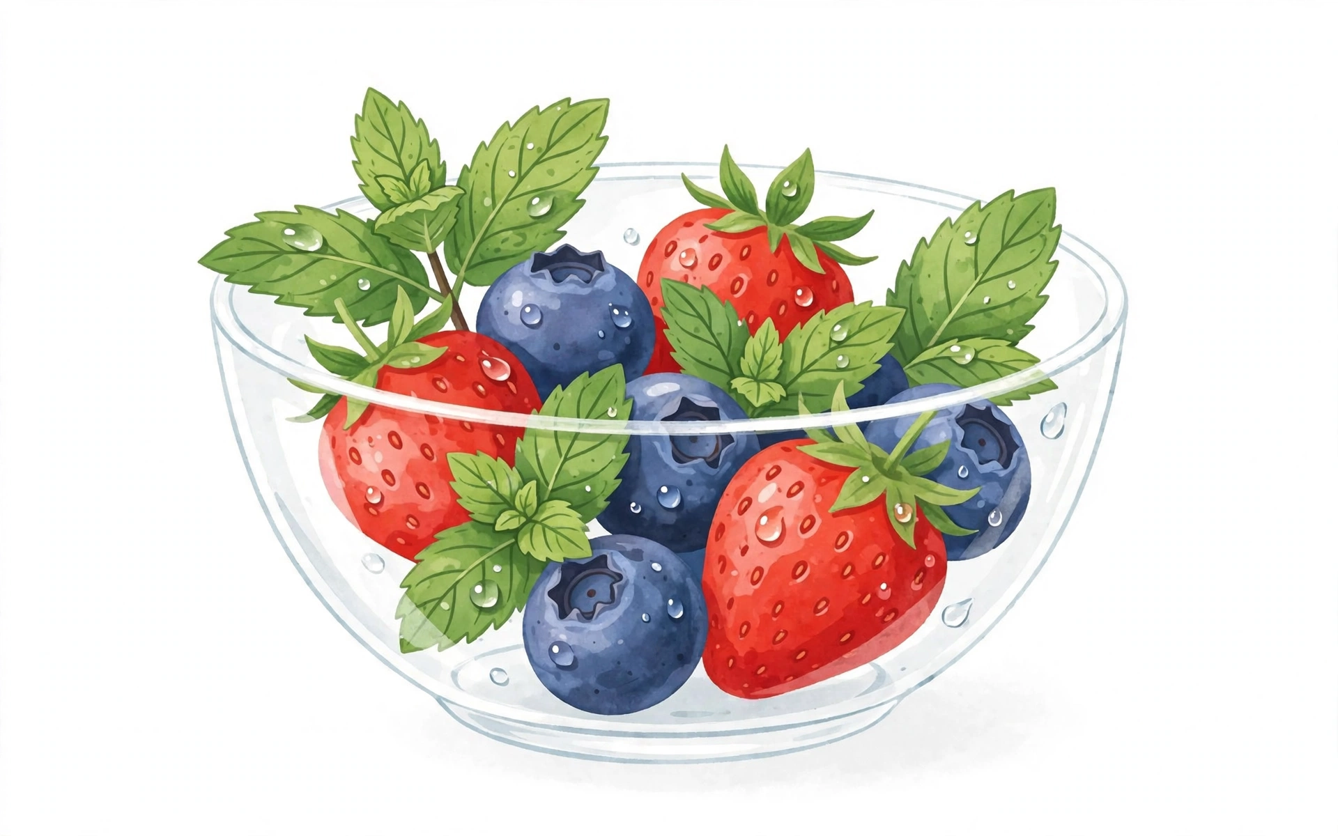 Glass bowl of fresh blueberries and strawberries with mint leaves and water droplets on a white background