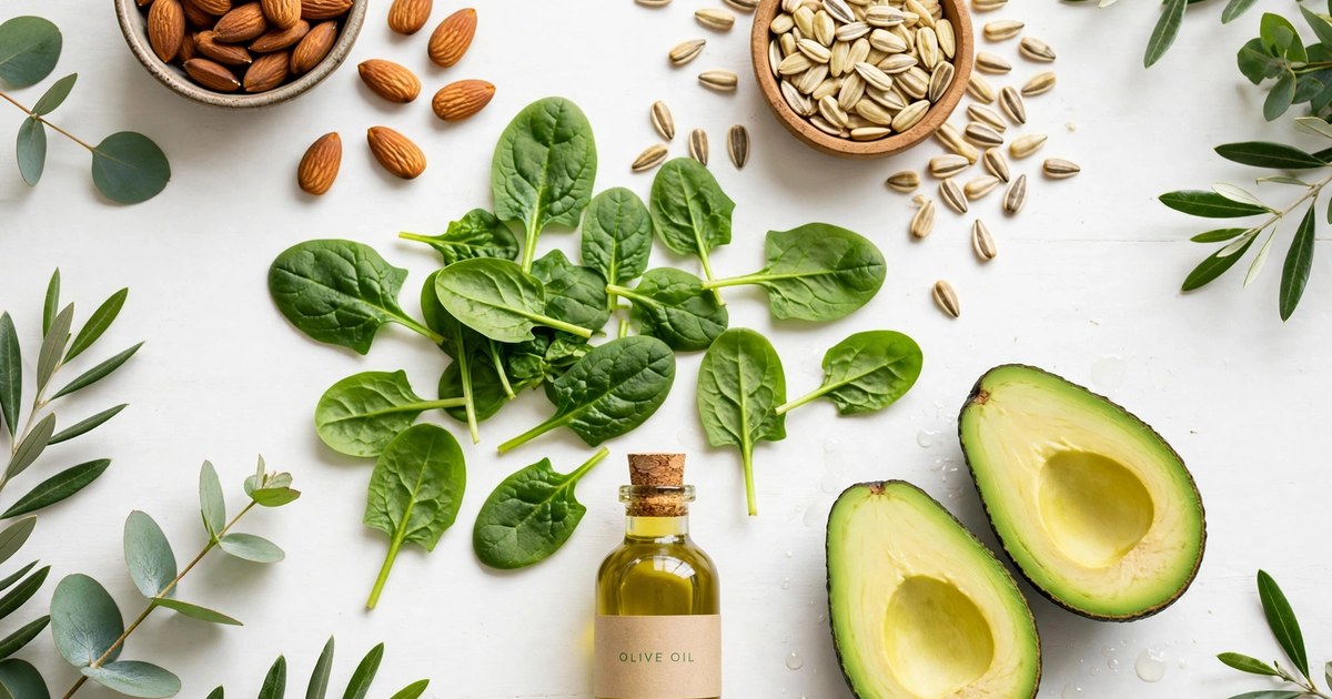Vitamin E-rich foods including almonds, sunflower seeds, spinach, and avocado on a white table.