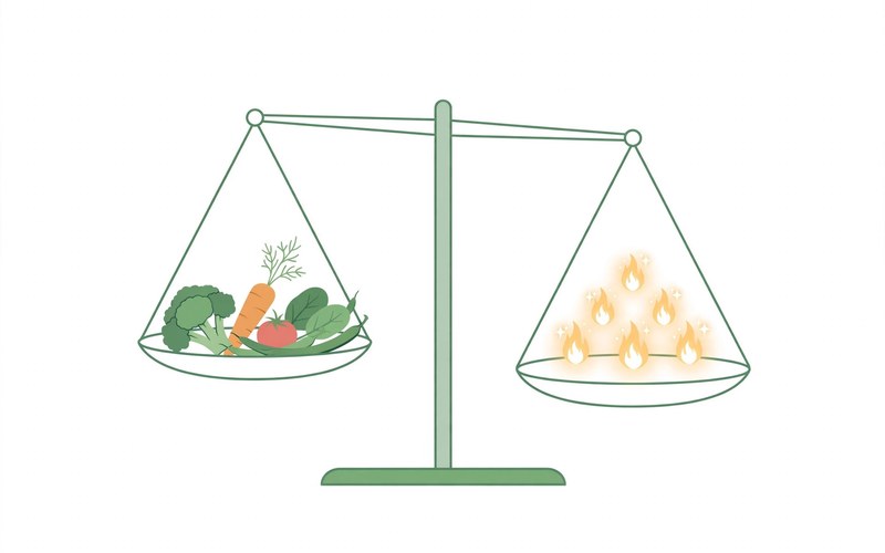 Kitchen scale balancing vegetables against flame icons representing calories burned