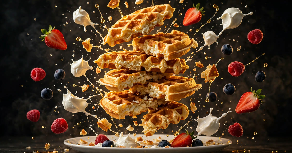 Explosive-action shot: stack of golden cottage cheese waffles frozen mid-air, breaking apart above a white plate, with blueberries, raspberries, strawberry halves, Greek yogurt and honey droplets — dark moody background, golden rim lighting