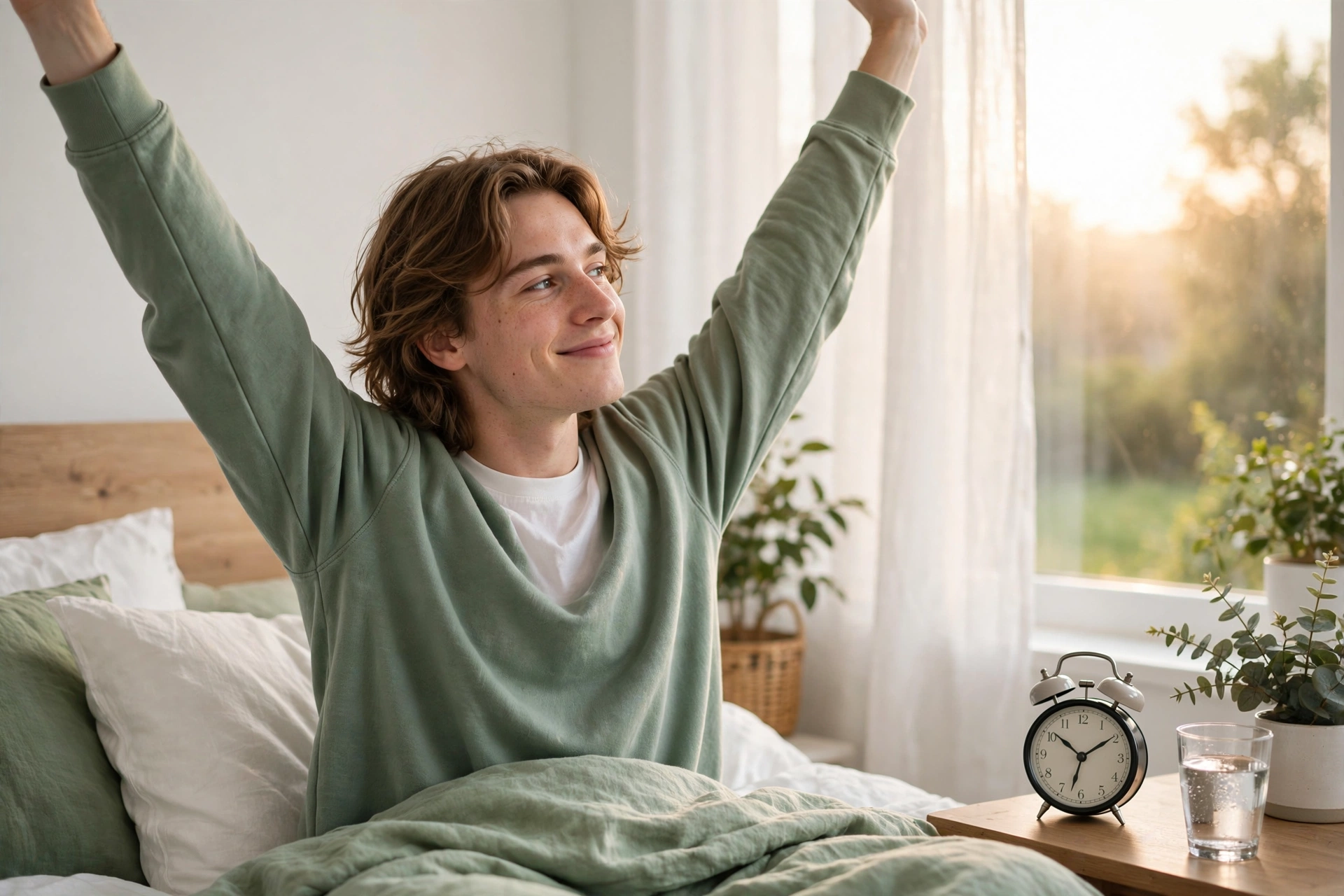 Young man waking up refreshed and stretching in a bright bedroom at sunrise, with an alarm clock and a glass of water on the bedside table