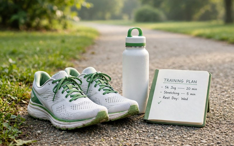 Running shoes, water bottle, and training plan on a park path.