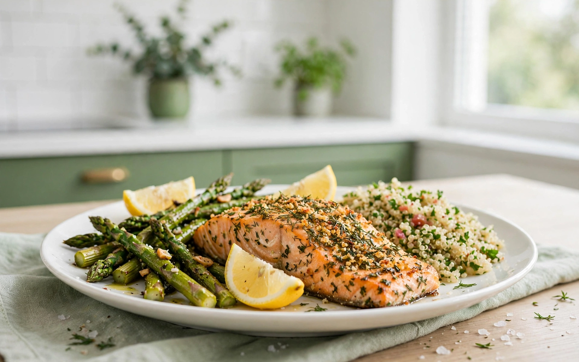 Serviertes Lachsfilet in Kräuterkruste mit Zitronenspalten, geröstetem Spargel und Kräuter-Quinoa auf einem weißen Teller in einer hellen grünen Küche
