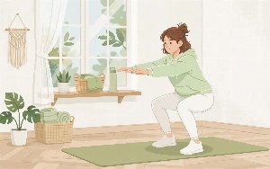 Beginner doing bodyweight squats at home on a yoga mat