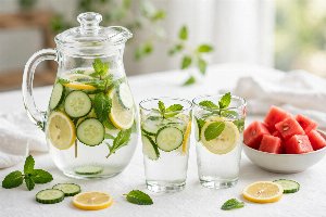 Water-rich fruits and vegetables arranged beside glasses of water