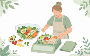 Person portioning a healthy balanced meal on a kitchen scale