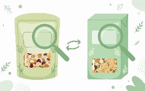 Two food packages being compared side by side with magnifying glasses over their labels