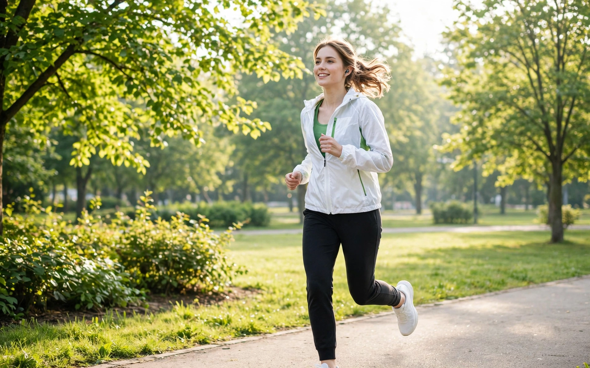 Person, die morgens in einem sonnigen grünen Park joggt