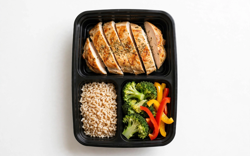 Meal-Prep-Behälter mit gegrilltem Hähnchen, Naturreis und gedämpftem Brokkoli