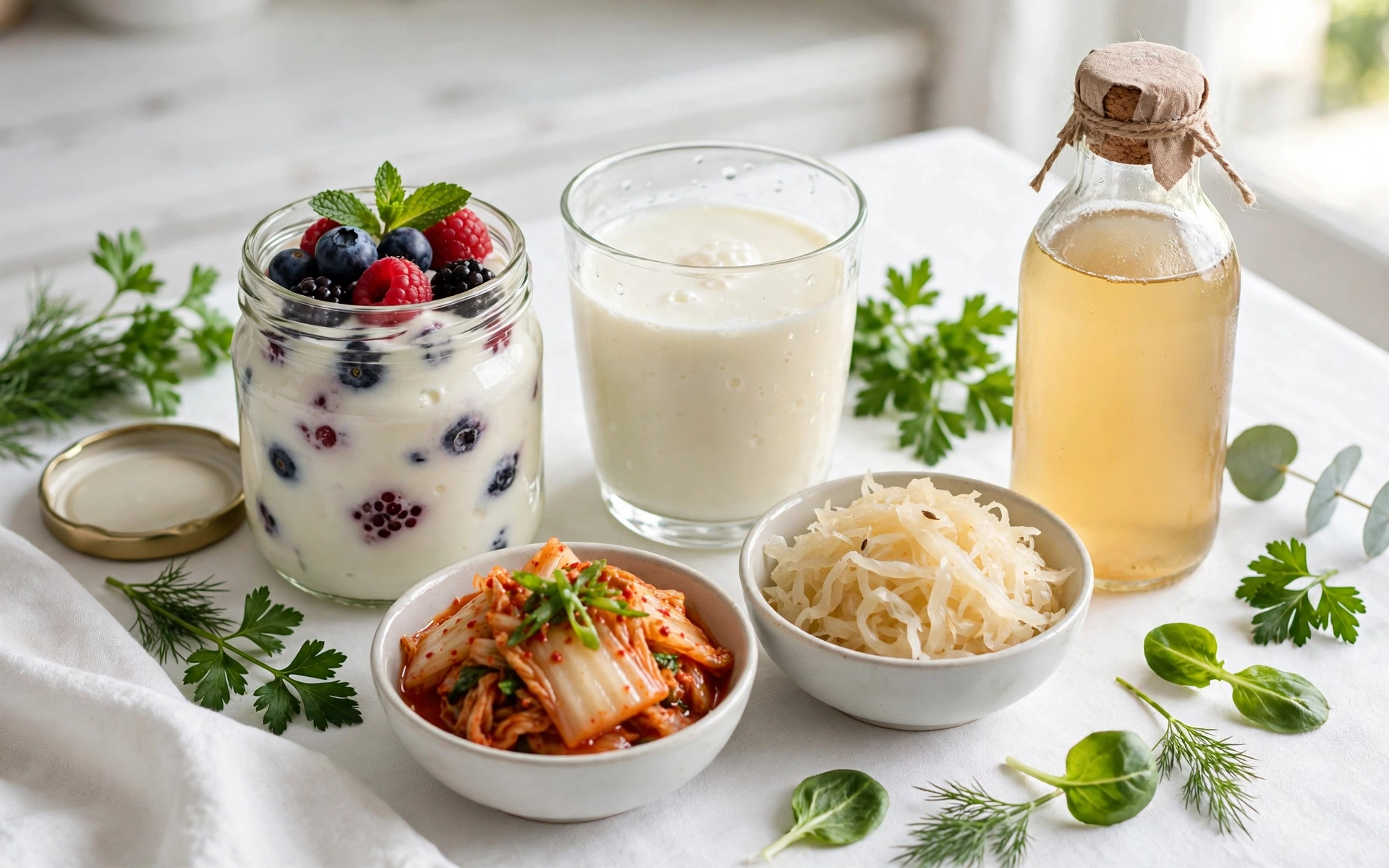 Probiotic-rich spread on a white table: a jar of berry yogurt with mint, a glass of kefir, a cloth-capped bottle of kombucha, and bowls of kimchi and sauerkraut