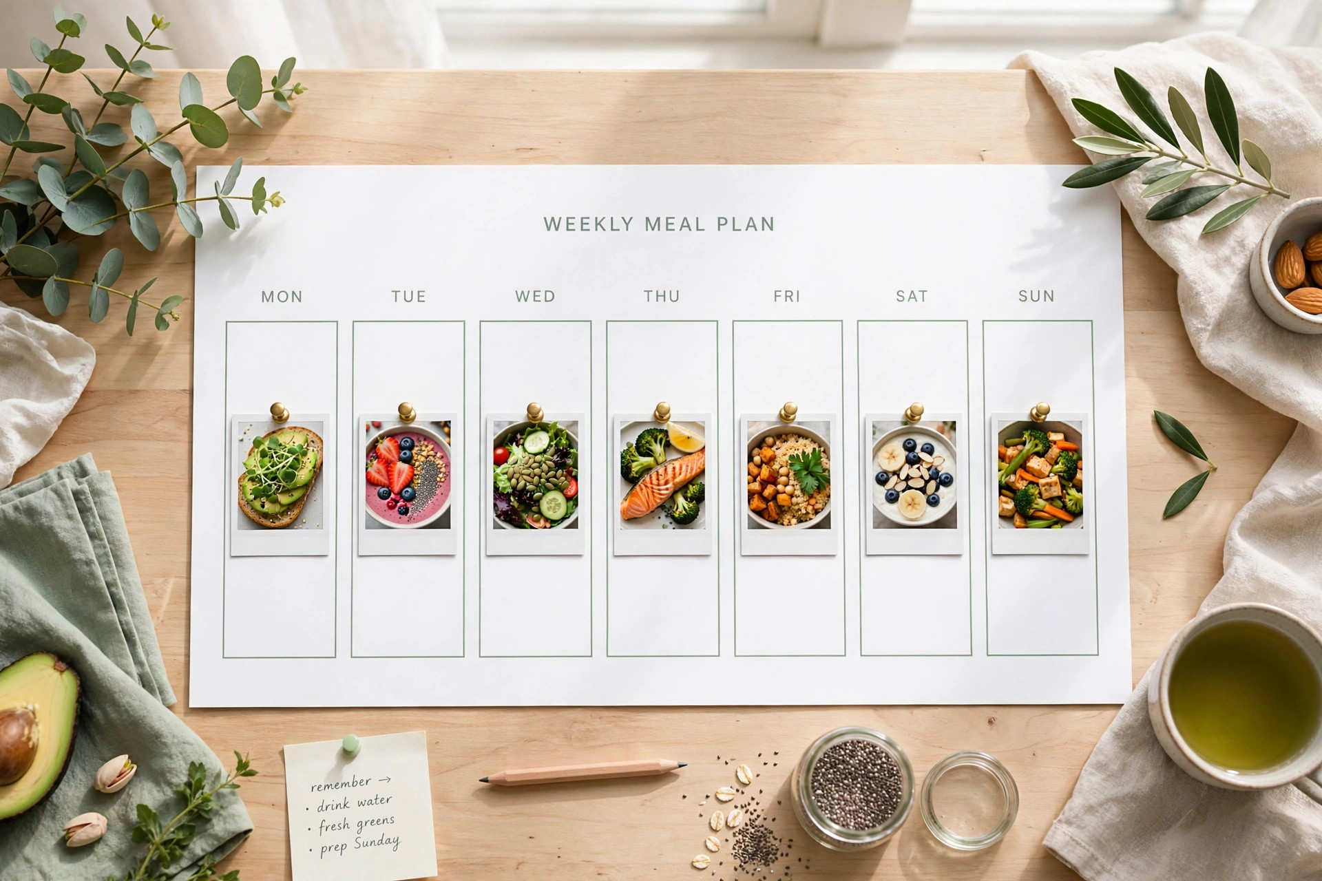 Weekly meal plan calendar with healthy food photos