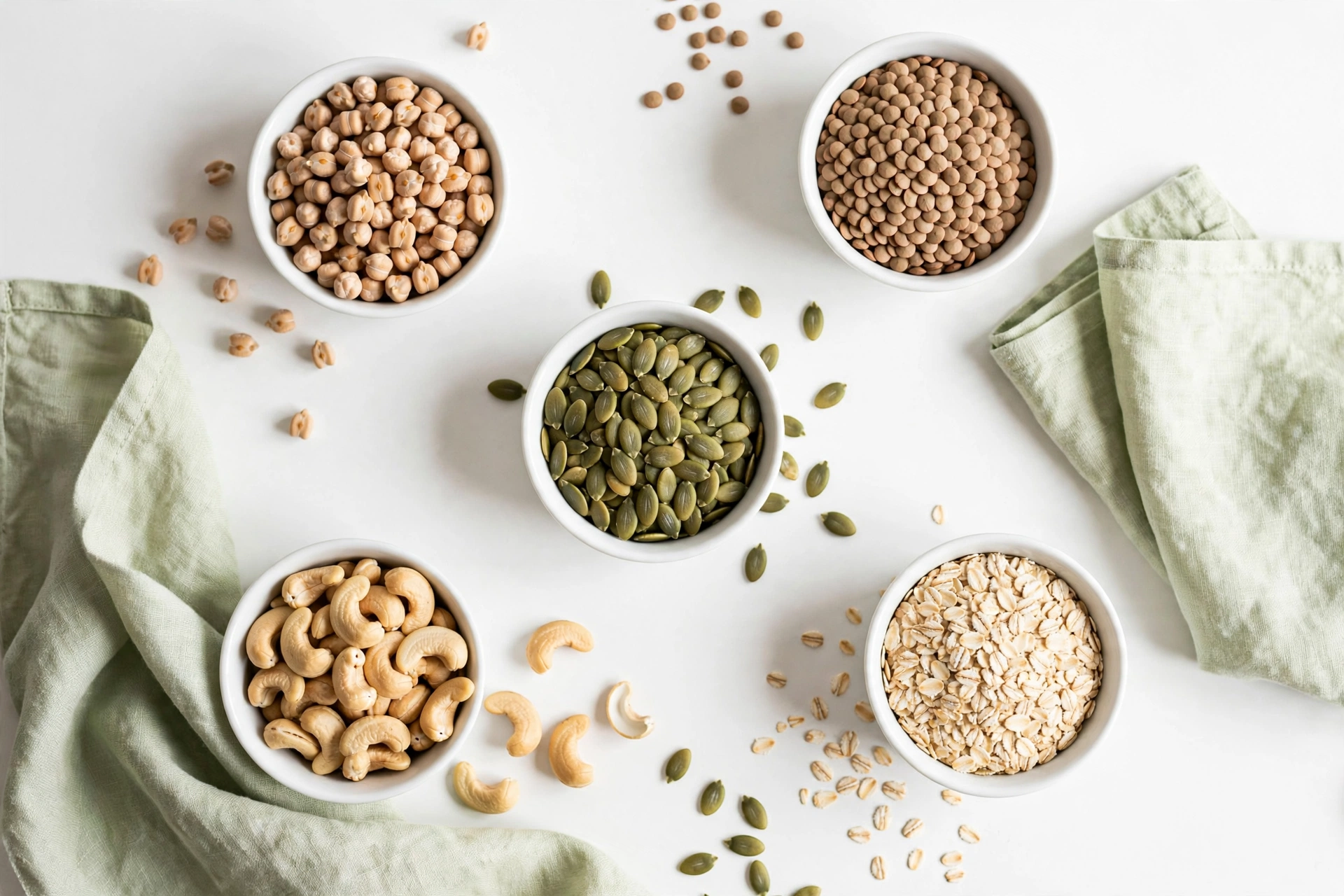 Close-up of pumpkin seeds, chickpeas and lentils in ceramic bowls