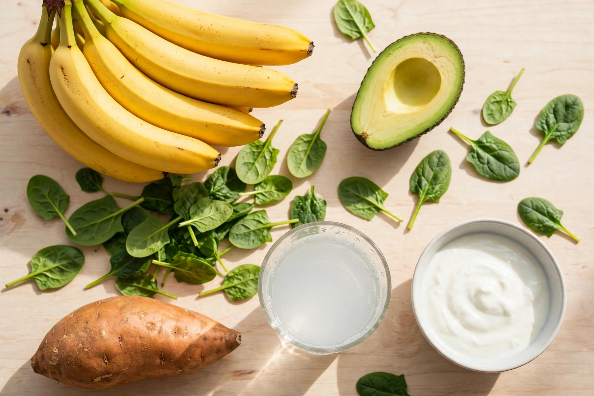Bovenaanzicht van kaliumrijke voeding — bananen, spinazieblaadjes, een halve avocado, een zoete aardappel, een glas kokoswater en een kom yoghurt — die helpen natrium in balans te brengen en vochtretentie te verminderen
