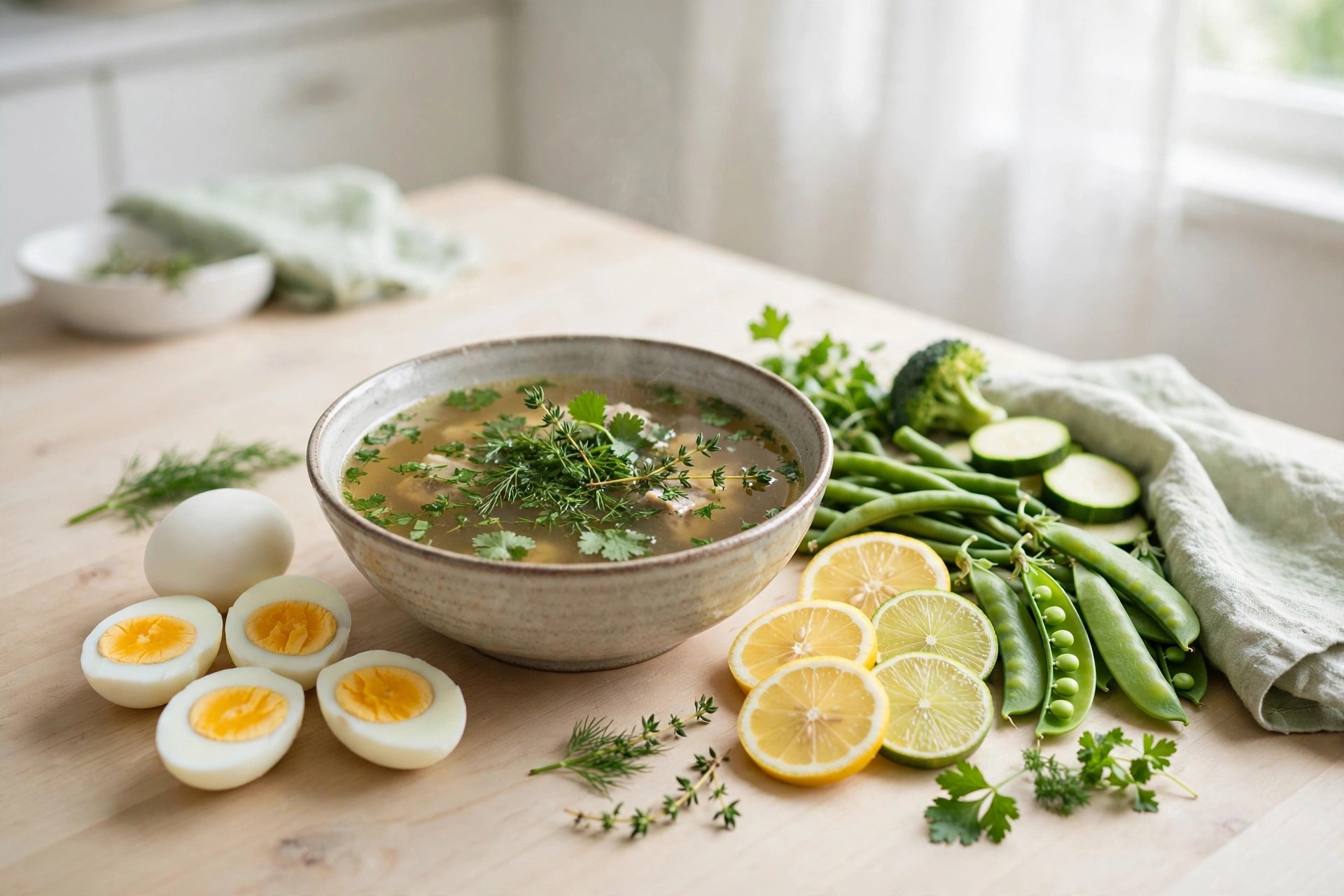 Un bol de bouillon d'os fait maison aux herbes fraîches, à côté d'œufs durs, de tranches d'agrumes et de légumes verts sur une table de cuisine lumineuse.