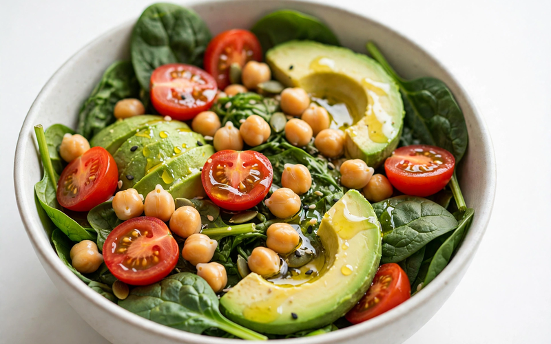Kleurrijke hartgezonde saladebowl met gemengde sla, tomaten, kikkererwten en een scheutje olijfolie