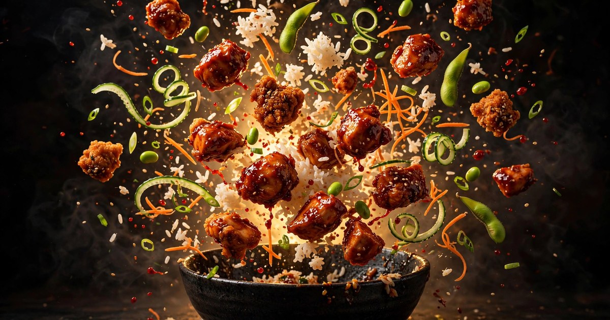 Explosive-action shot: glossy red-glazed gochujang chicken chunks, steamed rice, edamame pods, cucumber ribbons, shredded carrots, spring onion rings and sesame seeds flying mid-air above a dark ceramic bowl — dark moody background with golden rim lightin