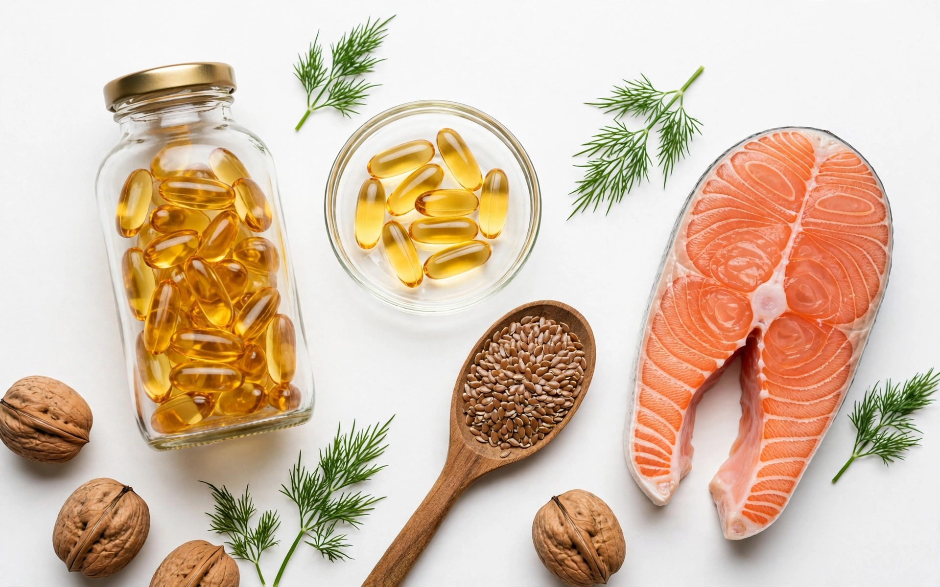Glasflasche und kleines Glasschälchen mit goldenen Fischölkapseln neben einem Holzlöffel Leinsamen, einem rohen Lachssteak, Walnüssen und Dillzweigen auf weißem Hintergrund