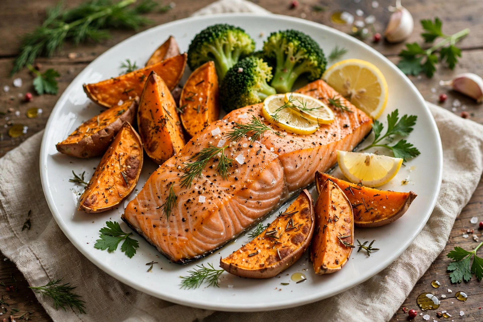 Baked Salmon with Sweet Potato & Broccoli